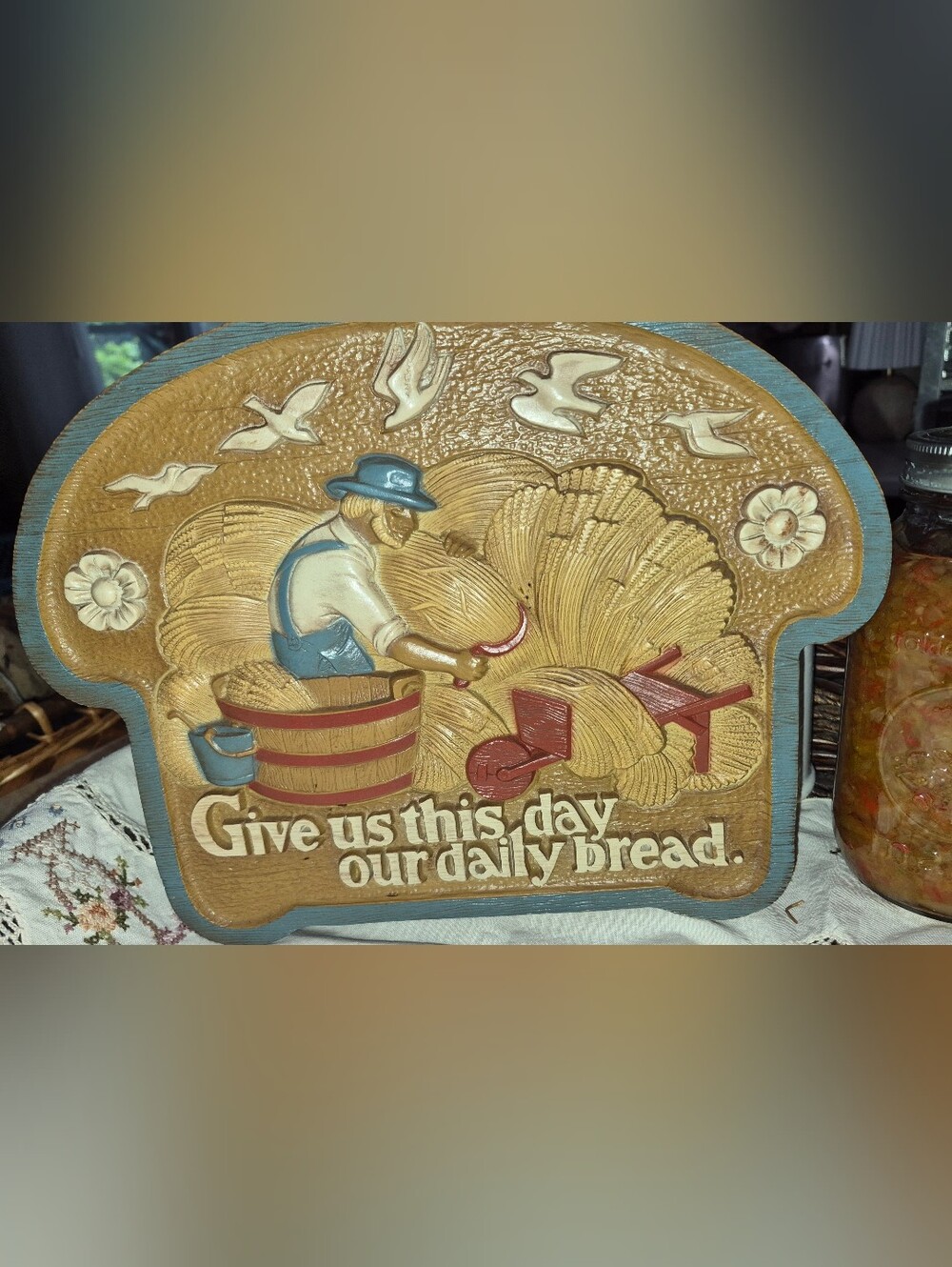 Vintage 1986 "Give Us This Day Our Daily Bread" bread-slice wall plaque
